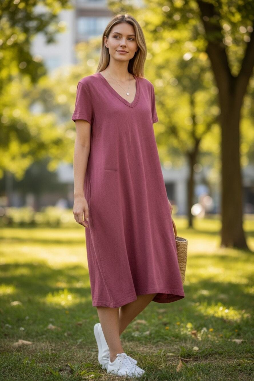 Universal Thread Pink T Shirt Dress Womens XL V Neck Short Sleeve Casual Midi